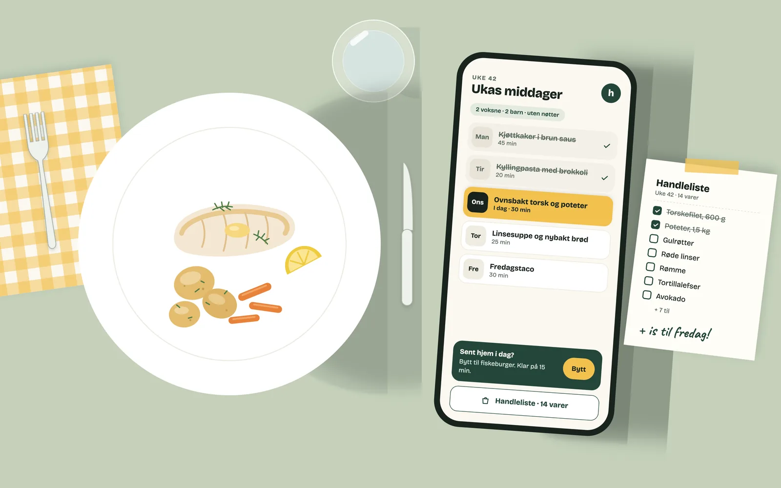 Illustration av en middagstallrik med ugnsbakad torsk och potatis, bredvid en mobil med veckans middagar och en lapp med inköpslista.